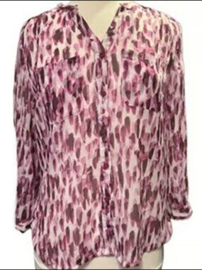 Covington Breathable Pink Top Abstract Button Down Blouse Front Pockets SM